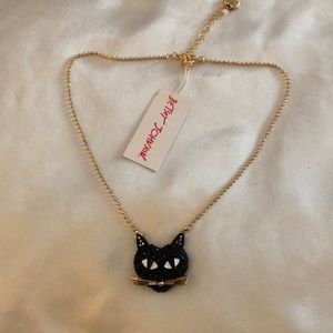Betsey Johnson Gold Tone Ball Chain With Black Cat Pendant Necklace NWT
